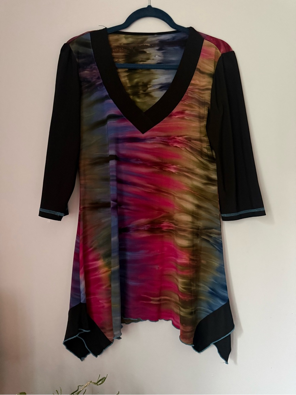 Y2K Multicolor Watercolor asymmetrical top with Black Sleeves